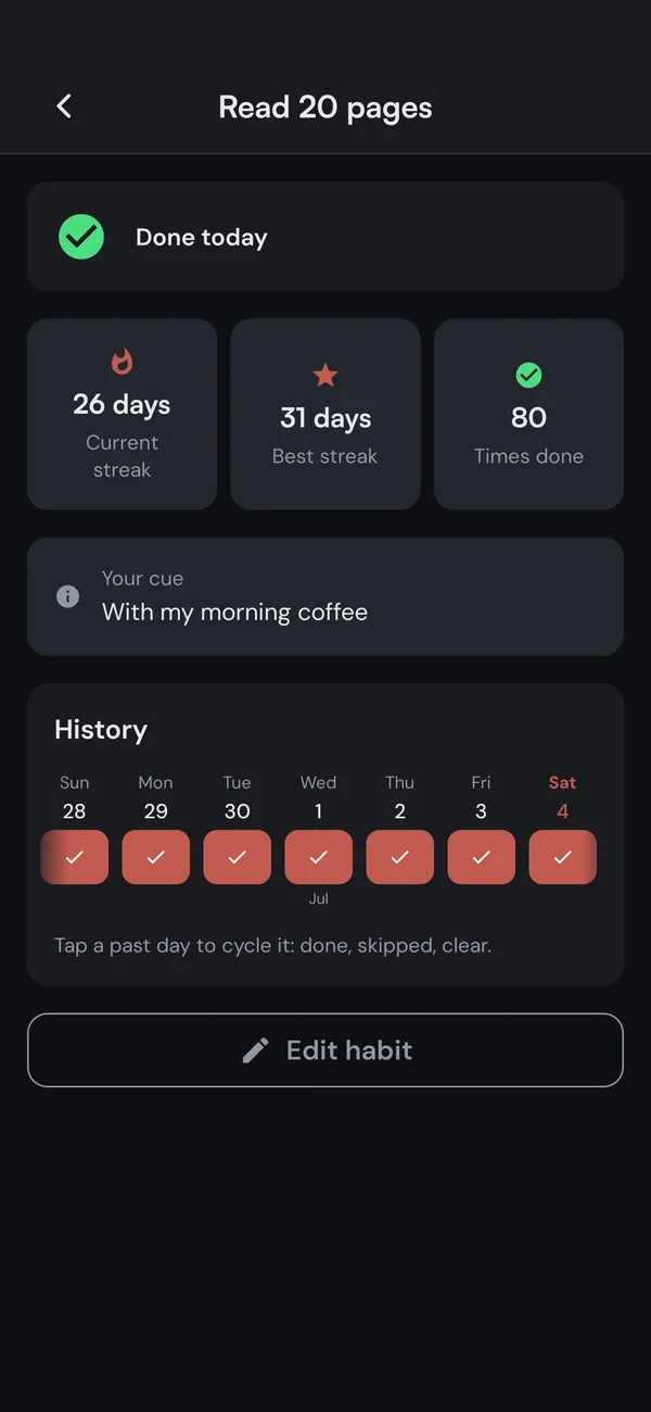 Kaizen habit detail page with streak stats and day-by-day history
