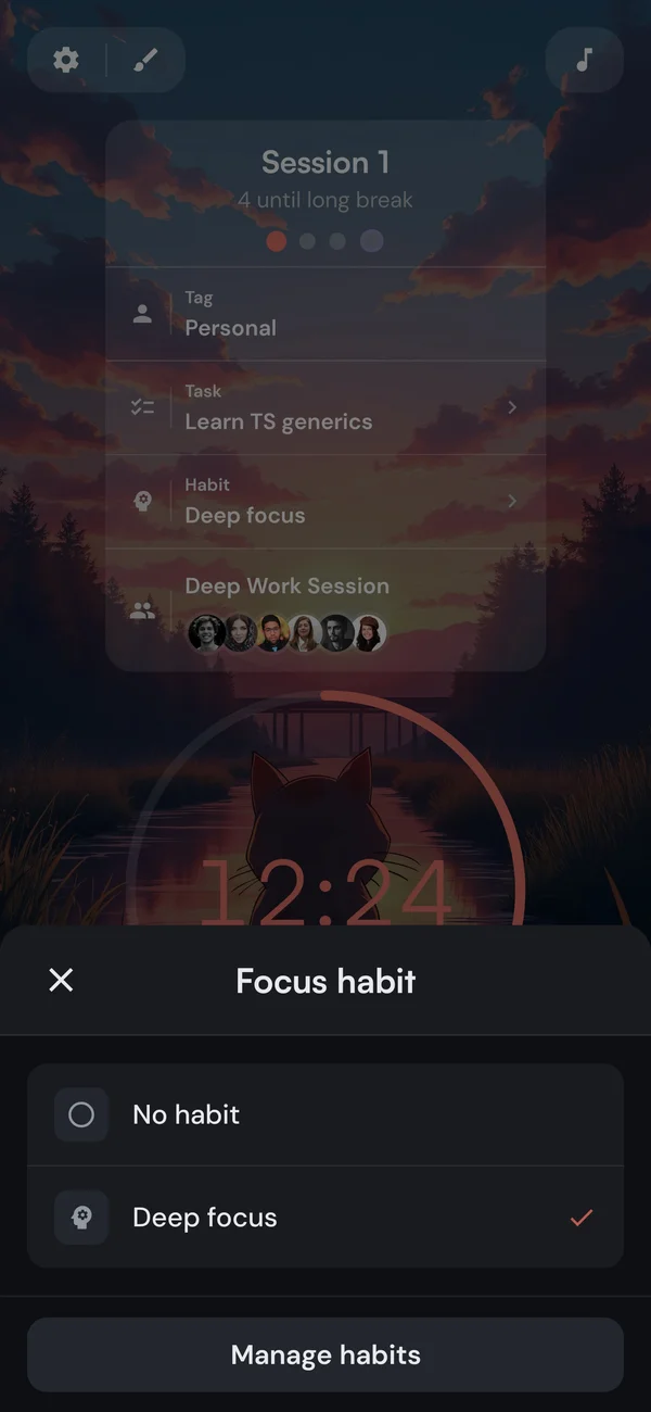 Kaizen Pomodoro timer with an active habit selected