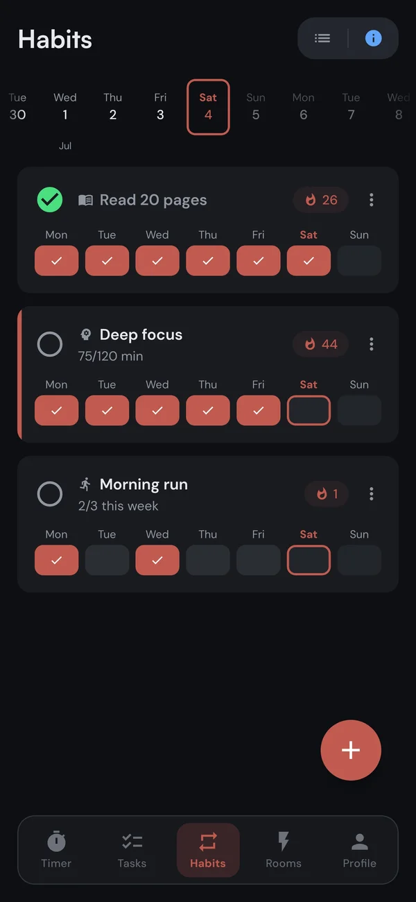 The Kaizen habit list with a day strip and weekly progress