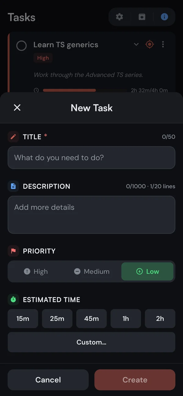 Creating a new Kaizen task with priority, estimate, and due date