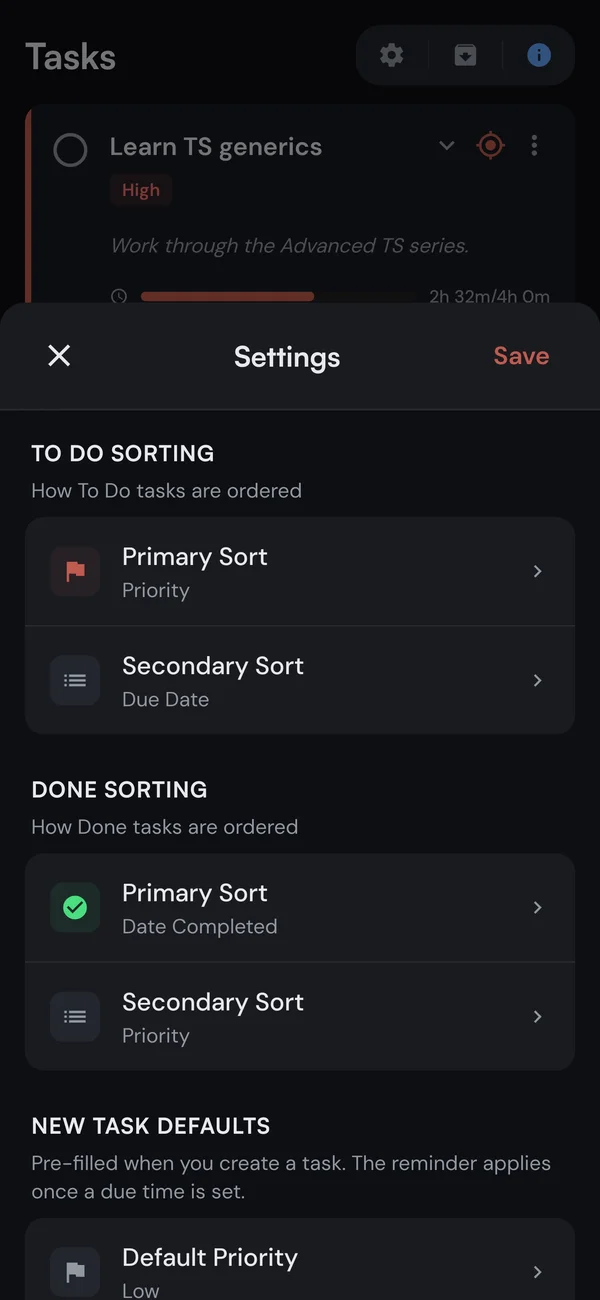 Kaizen task settings with to-do and done sorting options