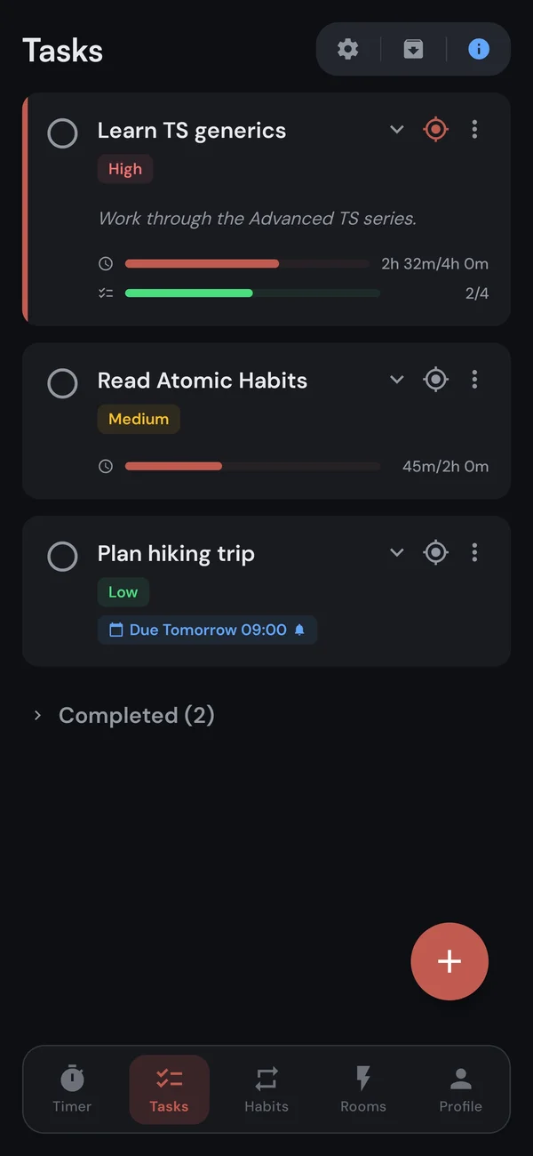 A Kaizen task showing time progress and subtasks