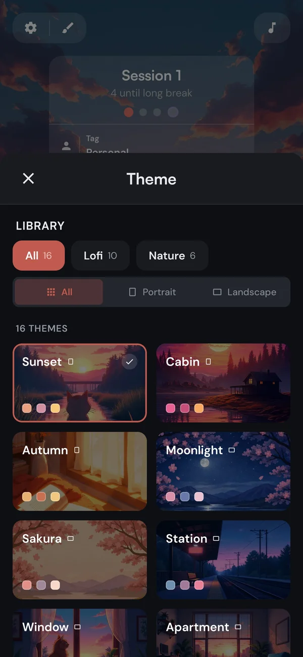 Kaizen theme picker showing all 16 themes