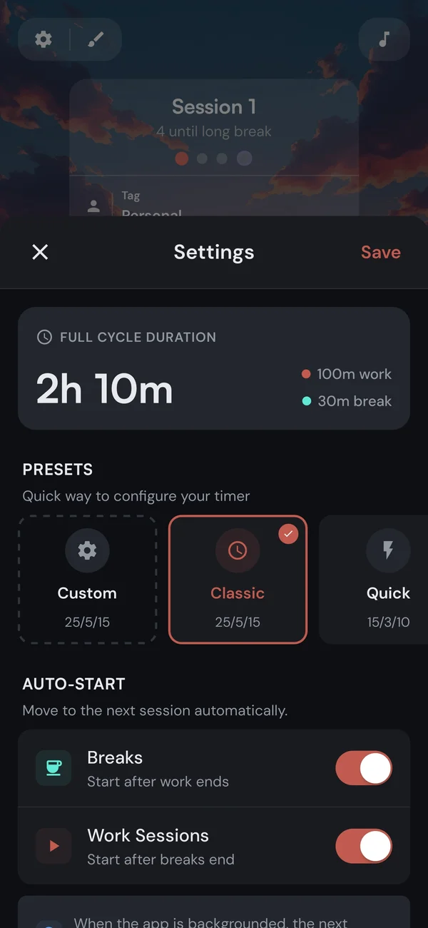 Kaizen timer settings with presets and custom session lengths