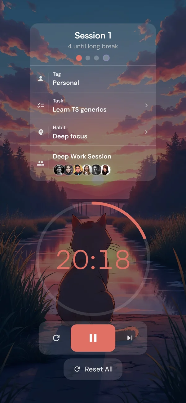 The Kaizen timer running a focus session on the Sunset Cat theme