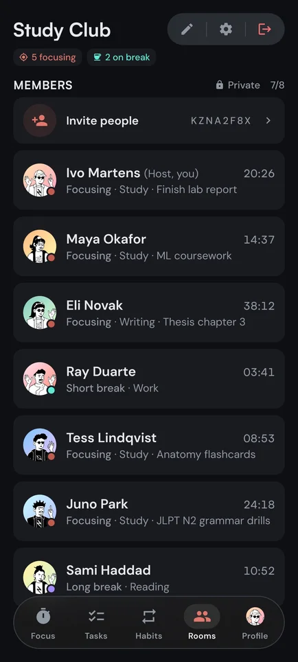 Kaizen on an Android phone: a Focus Room, each member focusing or on a break with their own timer