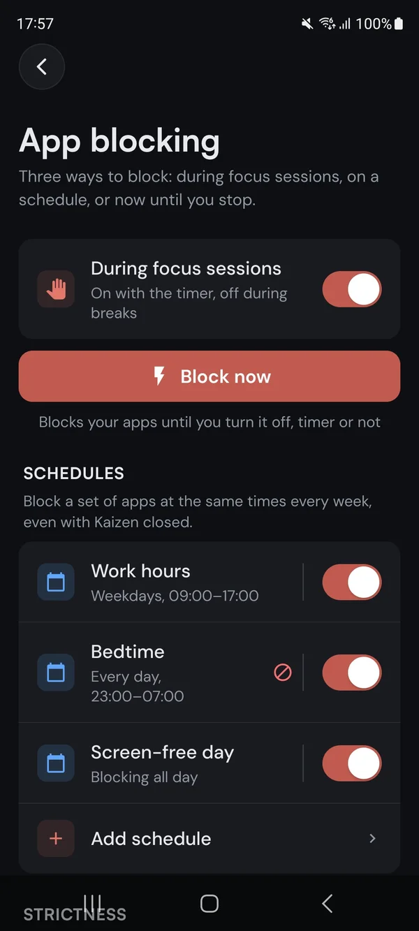 The Kaizen App blocking page: the focus-session switch, the Block now button, and three block schedules, with a screen-free day blocking all day
