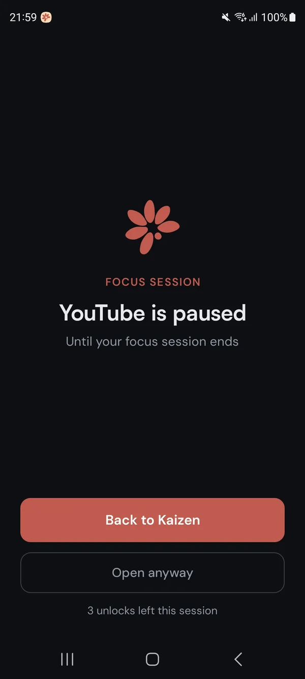 The Kaizen block screen during a focus session: YouTube is paused until the session ends, with Back to Kaizen and Open anyway