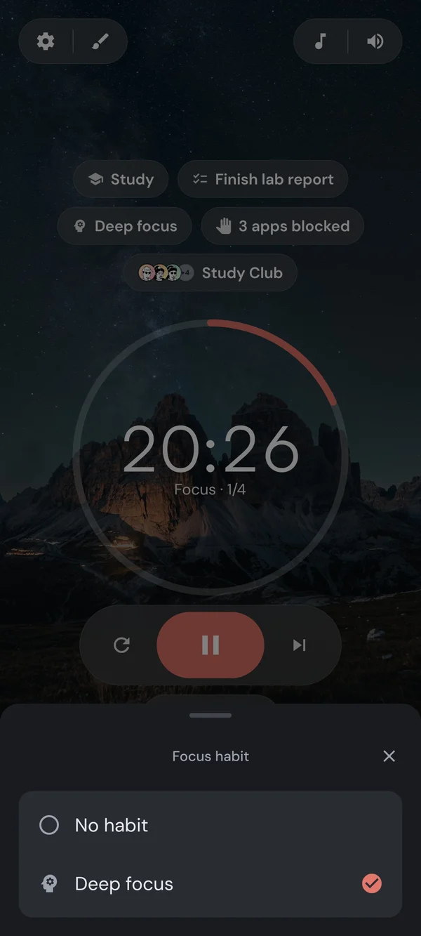 Kaizen Pomodoro timer with an active habit selected