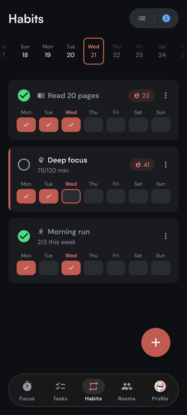 The Kaizen habit list with a day strip and weekly progress