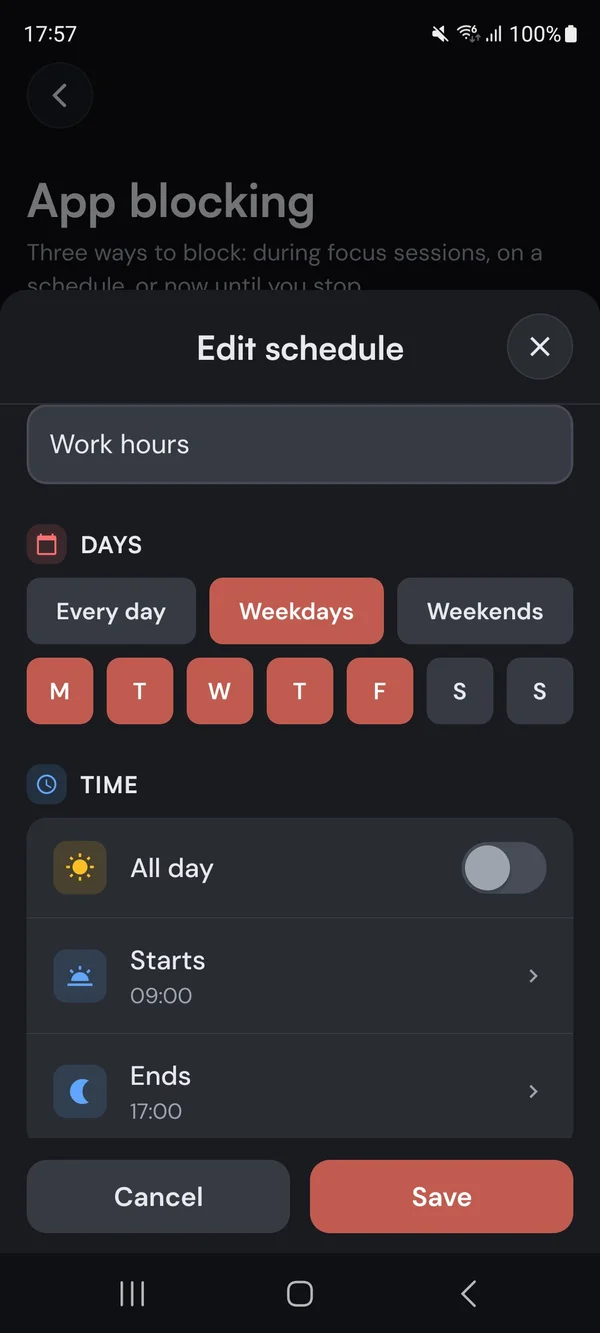 Editing the Work hours block schedule in Kaizen: weekdays, from 09:00 to 17:00