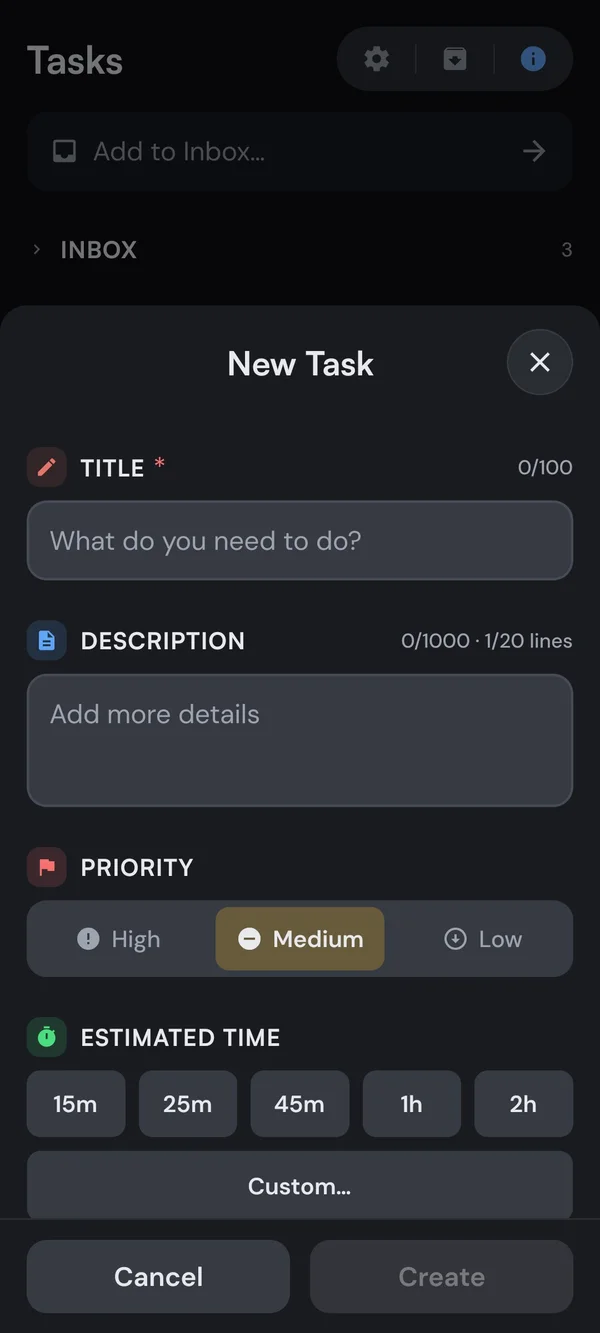 Creating a new Kaizen task: title, description, priority, and estimated time