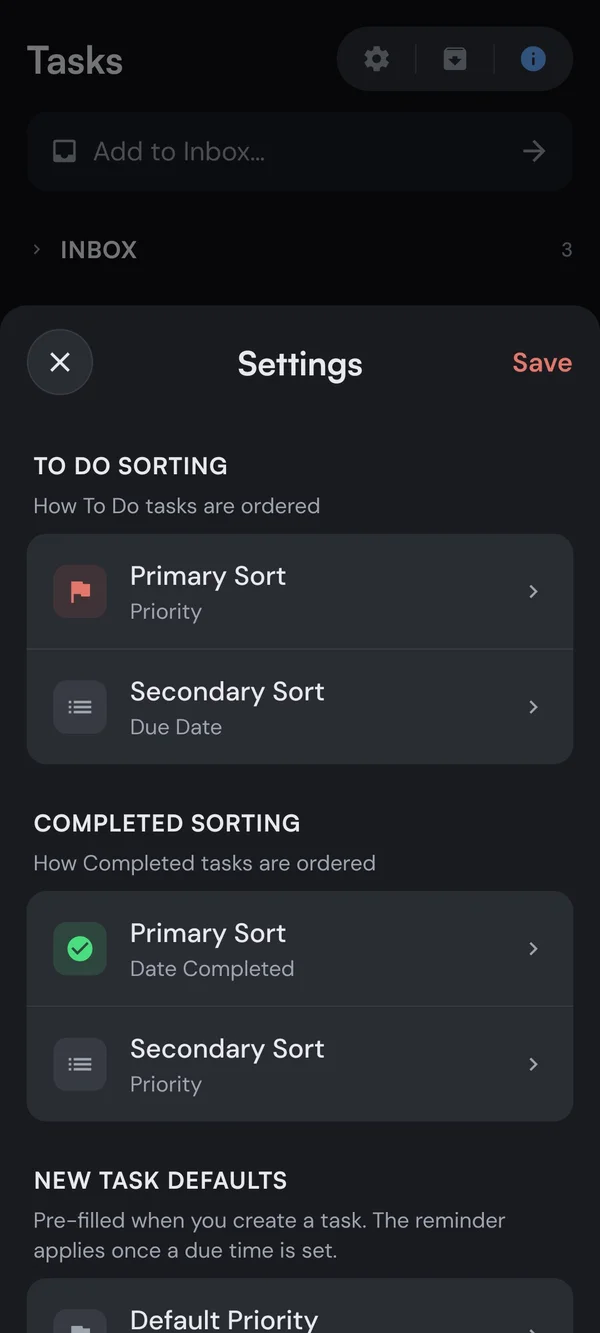 Kaizen task settings with To Do and Completed sorting options