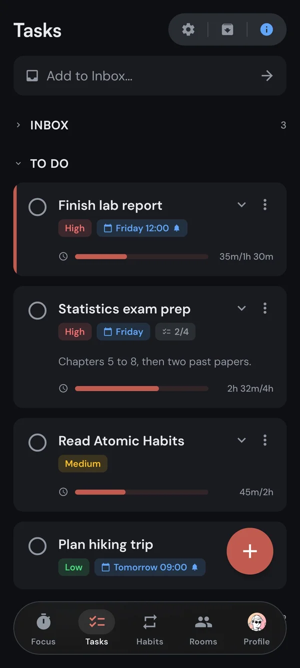 The Kaizen To Do list: tasks with priorities, due dates, and the time tracked against each estimate