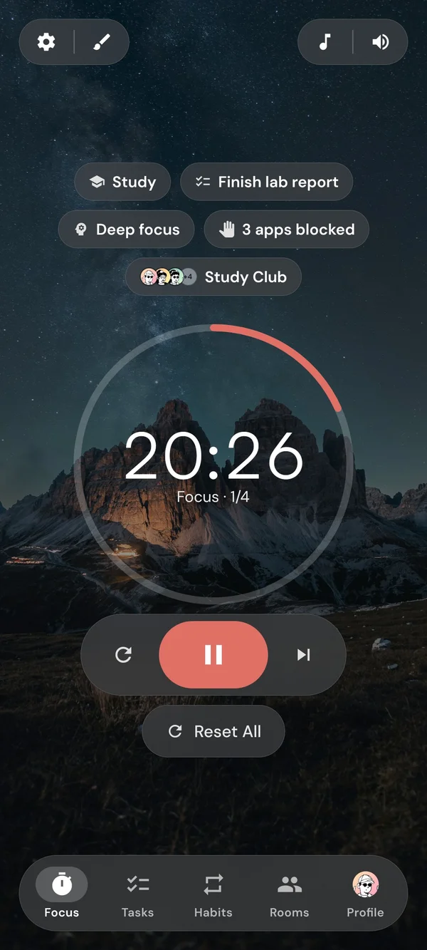 The Kaizen timer screen during a focus session, with the dial over a starry mountain background