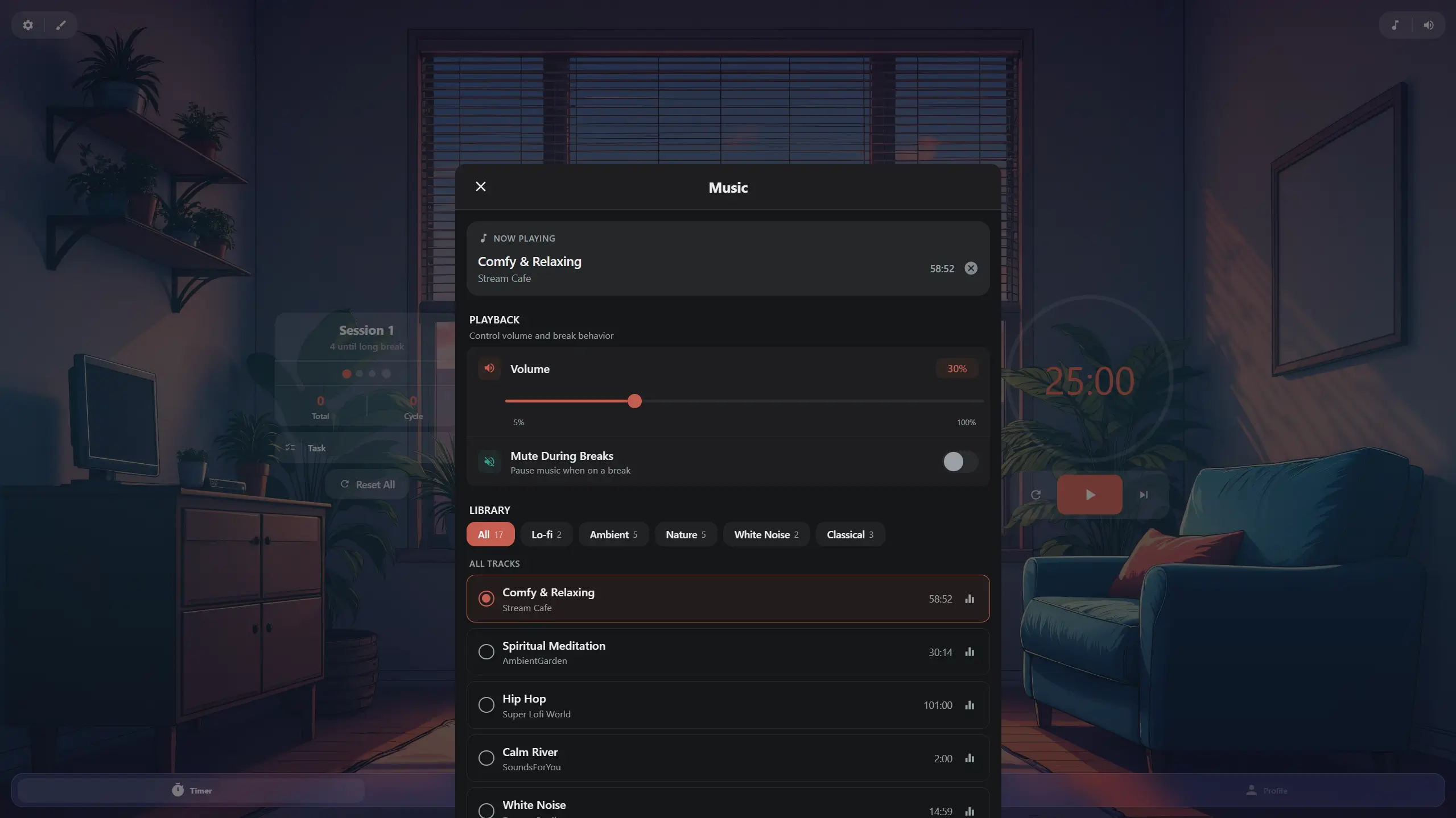 Kaizen focus music library showing Lo-fi beats, Ambient sounds, Nature sounds, White Noise, and Classical music categories for concentration