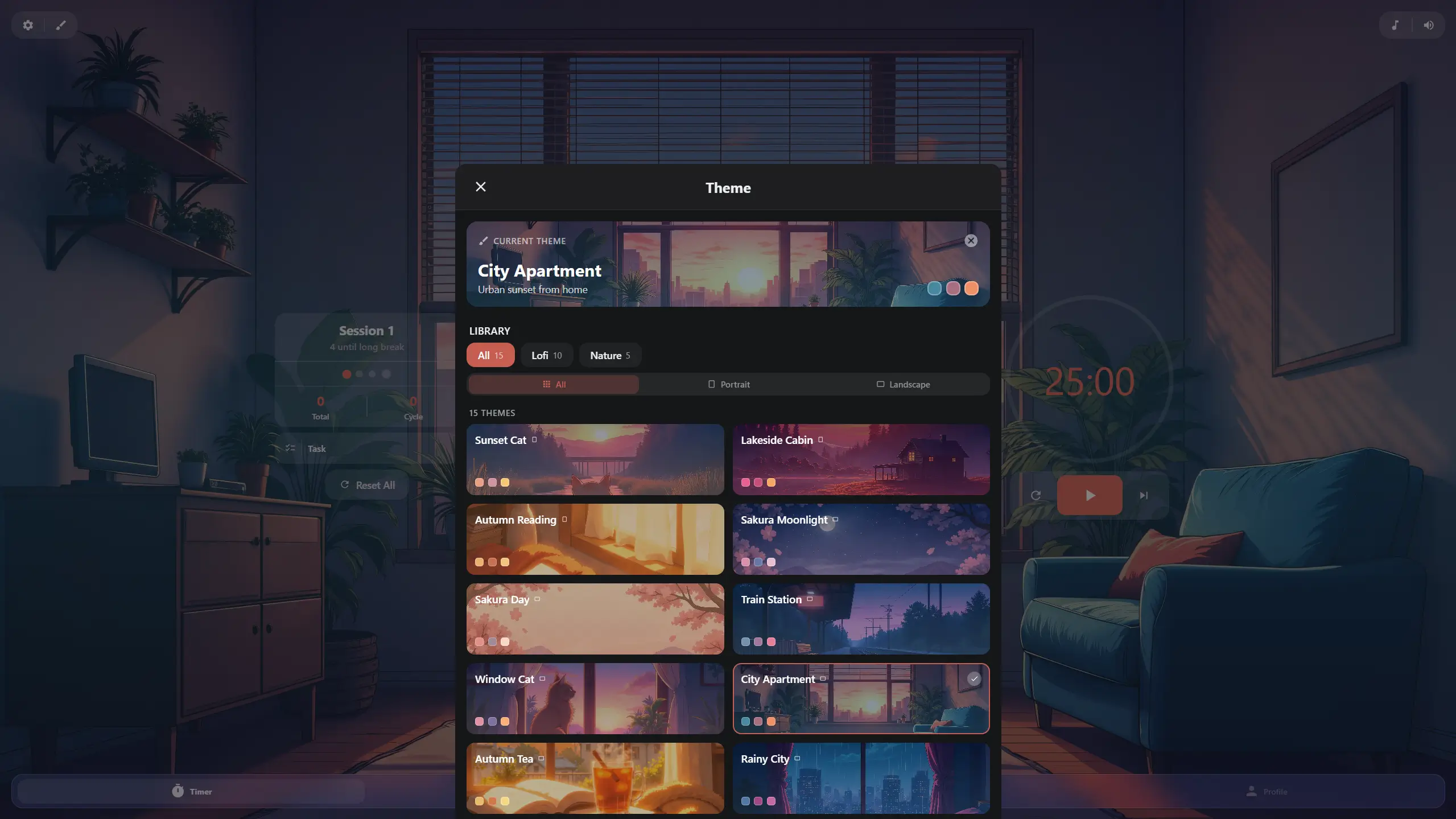 Kaizen theme selector showing 15 beautiful focus themes including Sunset Cat, Lakeside Cabin, Sakura Moonlight, and nature photography backgrounds
