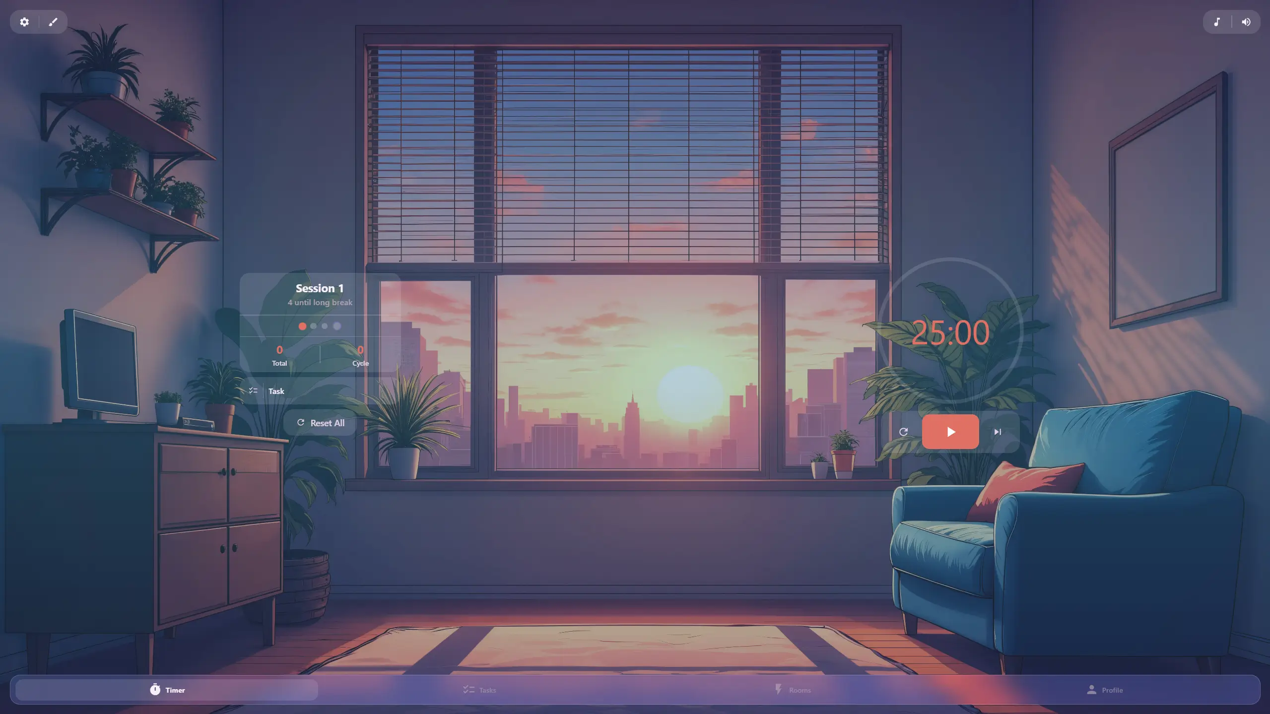 Kaizen Pomodoro timer interface showing 25-minute focus session with beautiful LOFI illustrated theme and progress ring